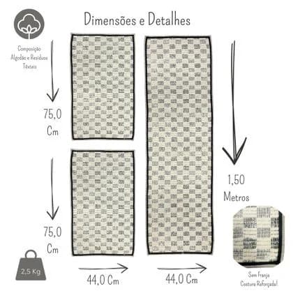 Kit 3 Peças Tapetes e Passadeira Algodão
